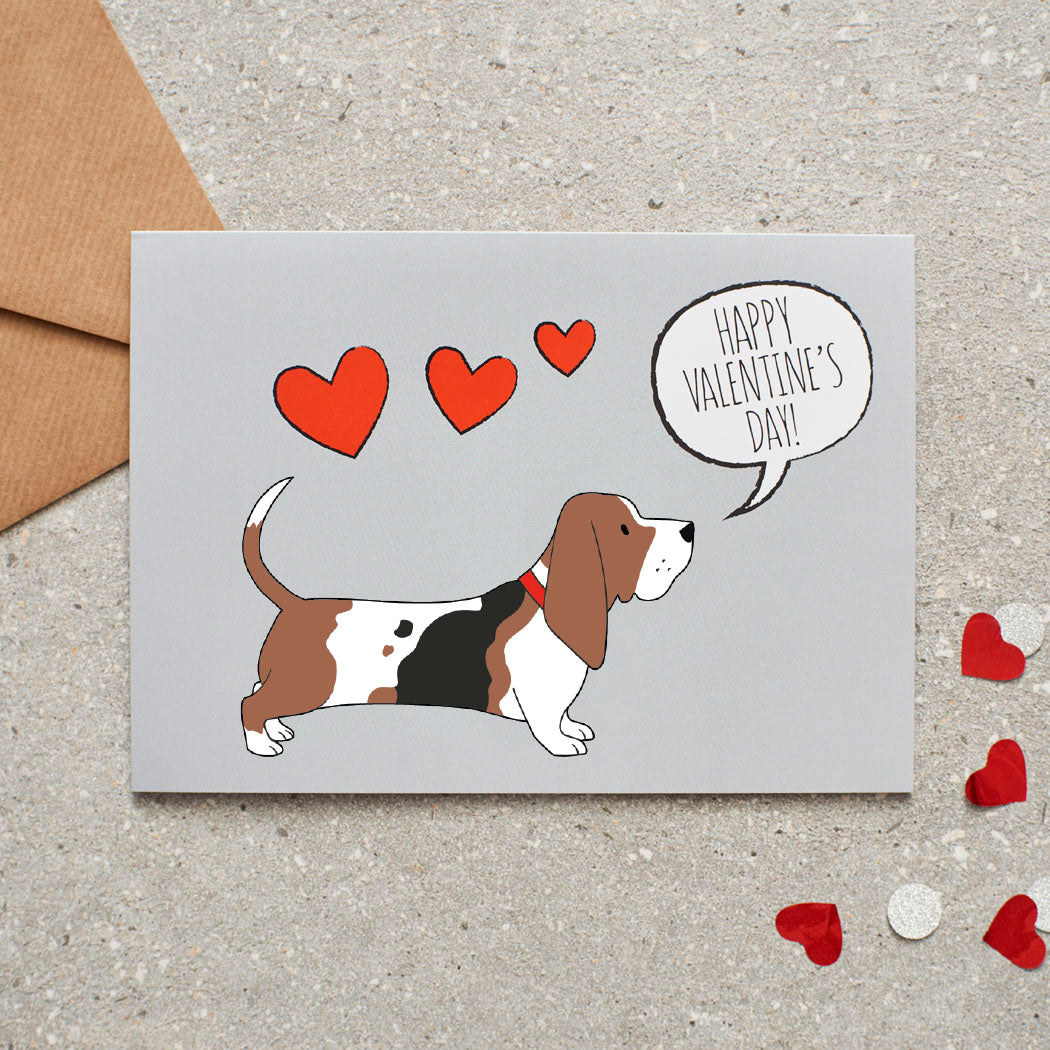 Basset Hound Valentine's Day card — illustrated dog lover greeting card by Sweet William Designs