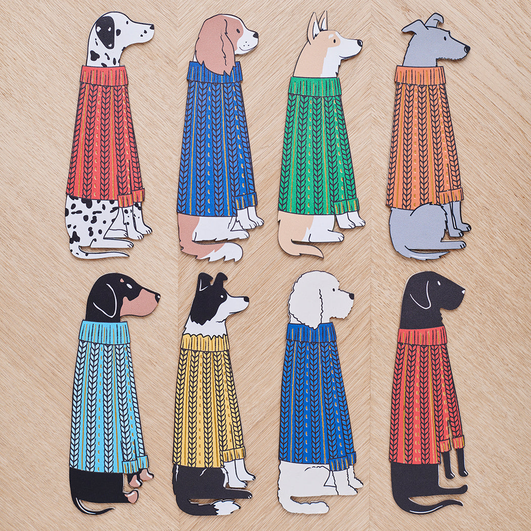 Front of dog breed bookmarks — illustrated vegan PU leather bookmarks in colourful jumpers by Sweet William Designs