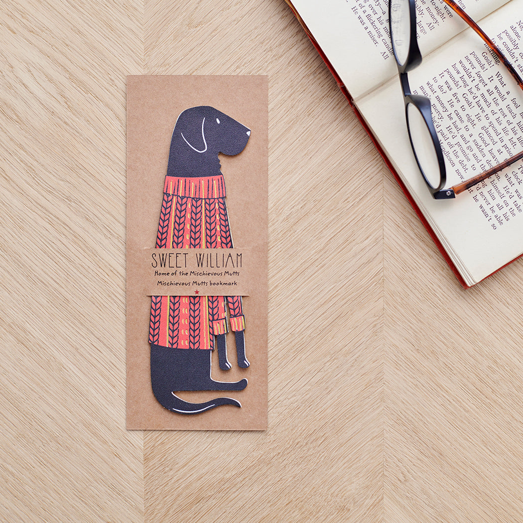 Black Labrador bookmark with backing card — Labrador bookmark in red jumper illustration, gift by Sweet William Designs