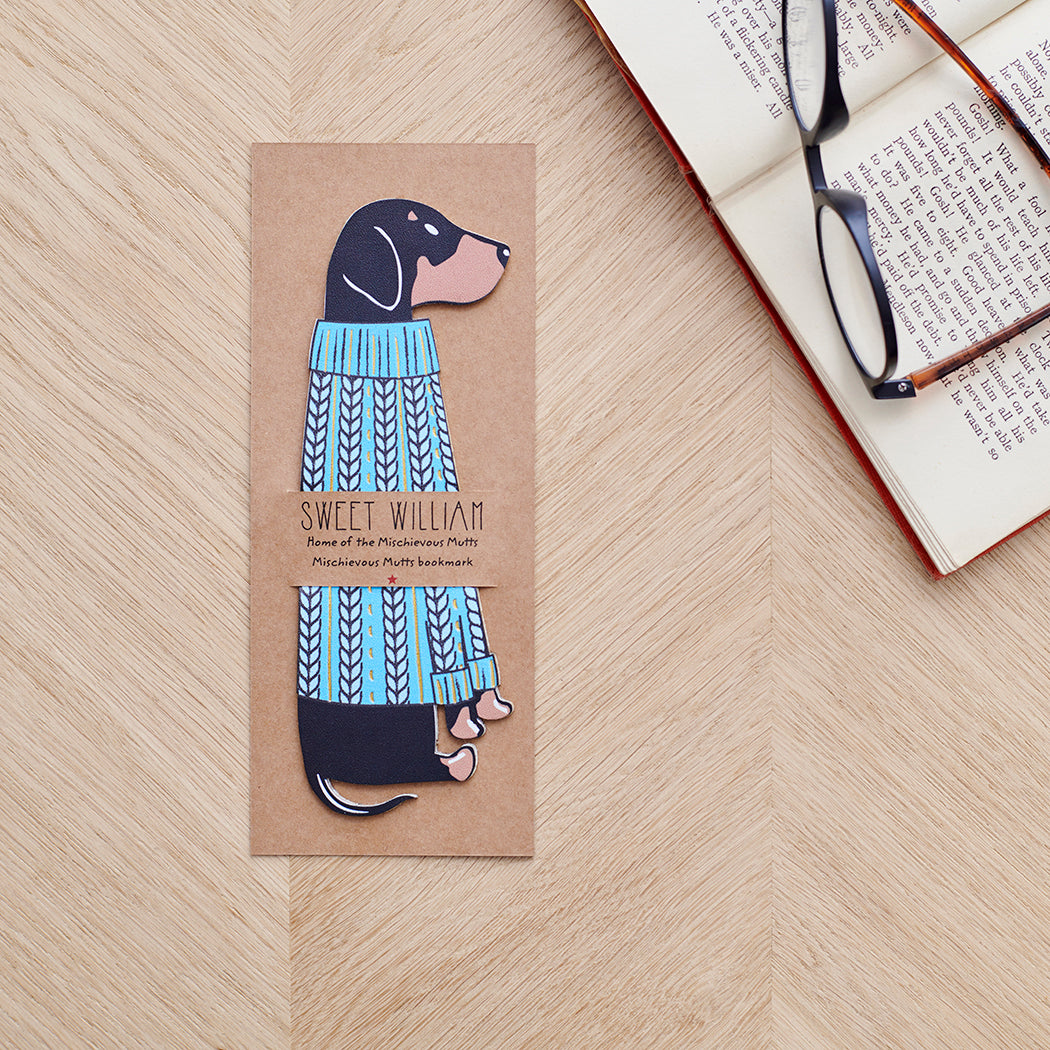 Dachshund bookmark with backing card — personalised dog bookmark in blue jumper illustration, gift by Sweet William Designs
