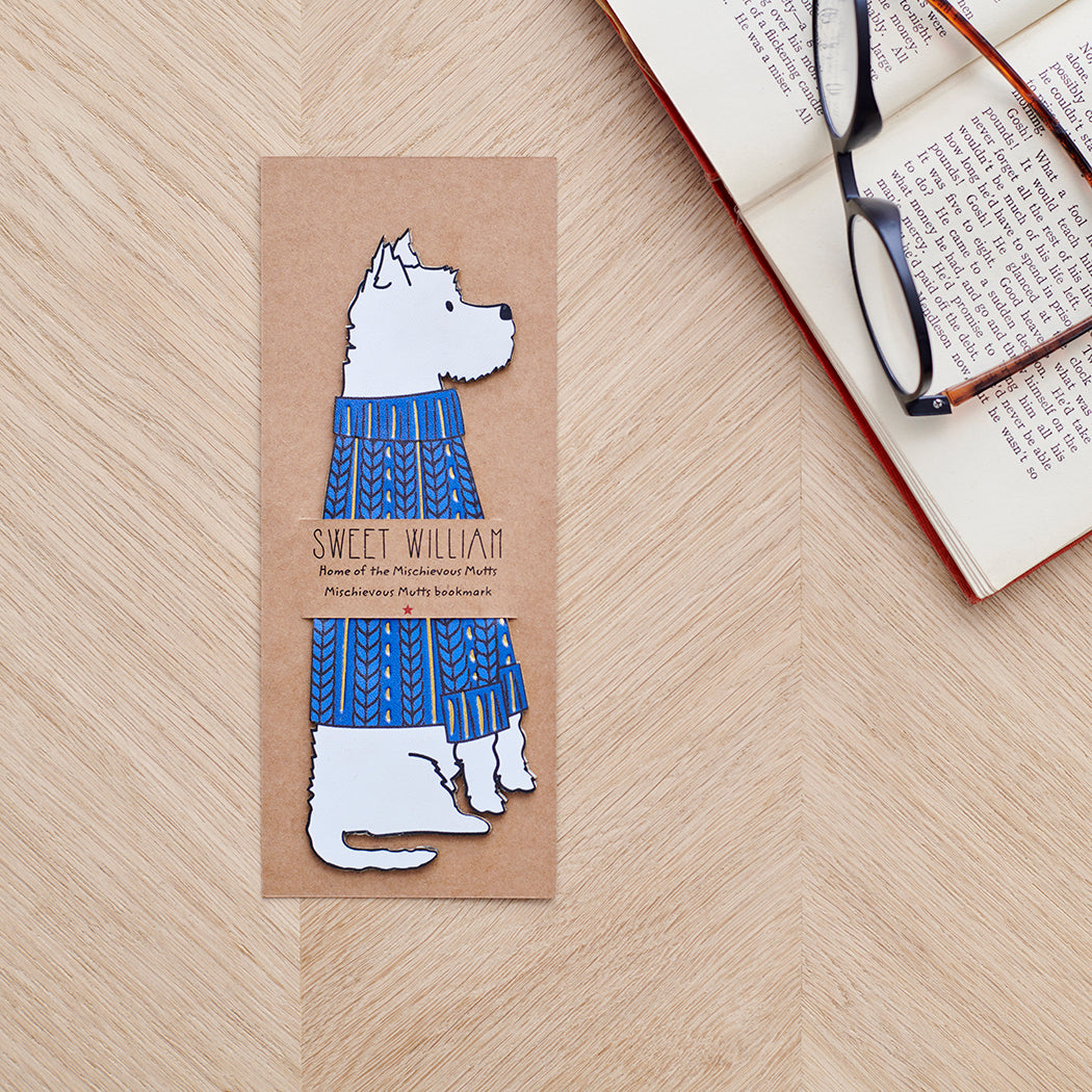 Westie bookmark with backing card — personalised dog bookmark in blue jumper illustration, gift by Sweet William Designs