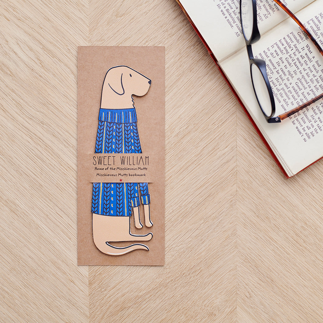 Fox Red Labrador bookmark with backing card — personalised dog bookmark in blue jumper illustration, gift by Sweet William Designs