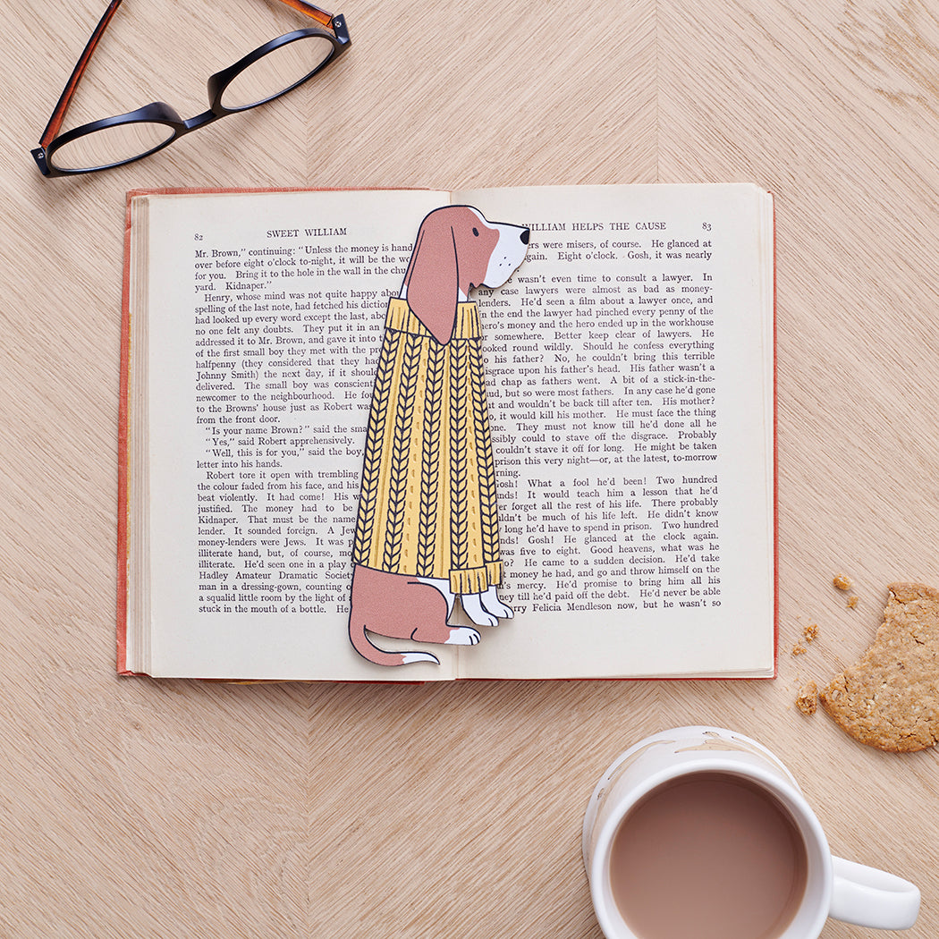 Basset Hound bookmark in open book — vegan PU leather with gold foil detailing, dog lover gift by Sweet William Designs