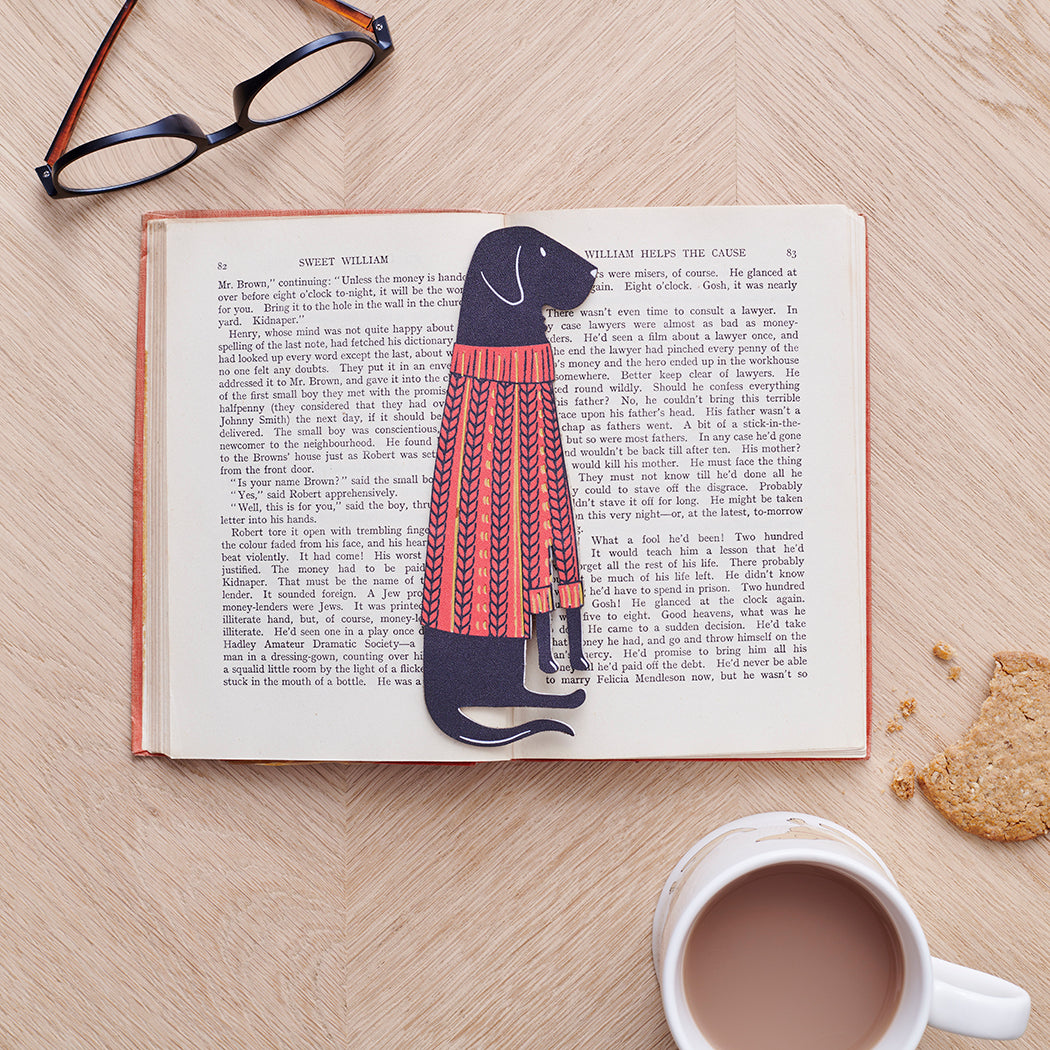Black Labrador bookmark in open book — vegan PU leather with gold foil detailing, dog lover gift by Sweet William Designs