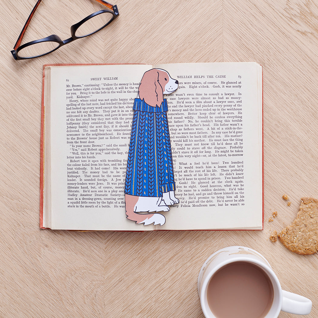 Cavalier King Charles Spaniel bookmark in open book — vegan PU leather with gold foil detailing, dog lover gift by Sweet William Designs