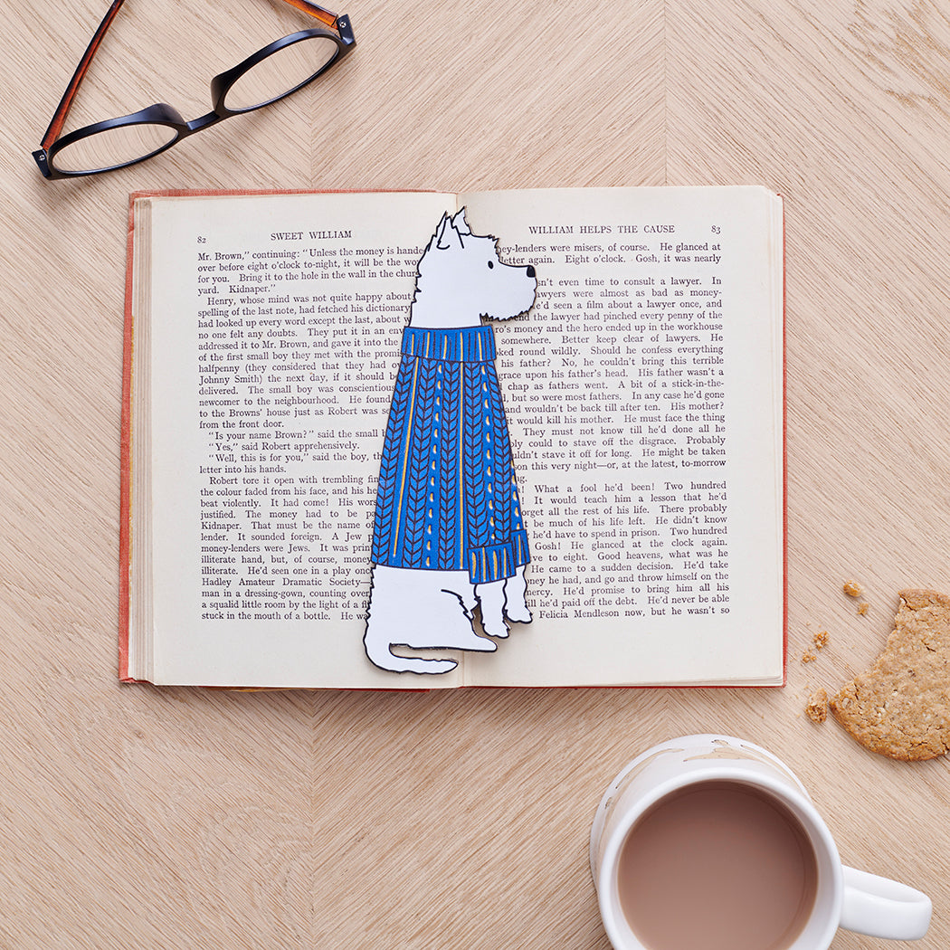 Westie bookmark in open book — vegan PU leather with gold foil detailing, dog lover gift by Sweet William Designs