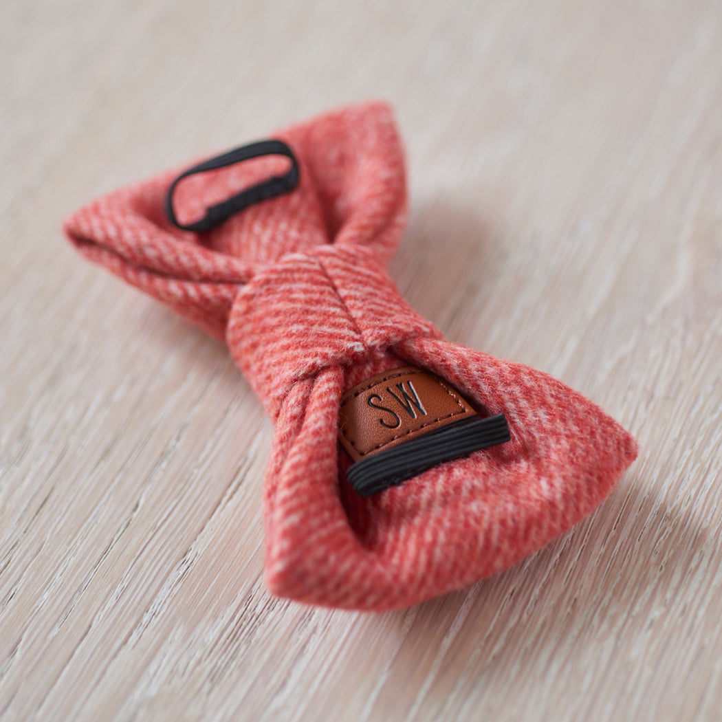 Reverse of the orange tweed dog bow tie showing the Sweet William label and elastic loops for attaching it securely to a collar