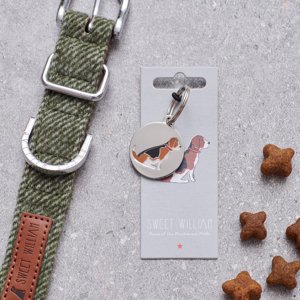 Beagle personalised dog tag on Sweet William Designs backing card — silver-plated brass with illustrated Beagle, dog lover gift