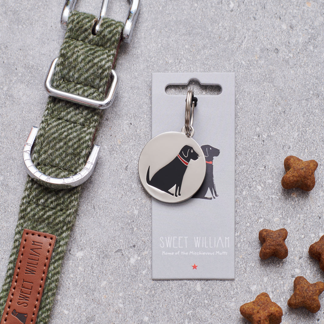 Black Labrador personalised dog tag on Sweet William Designs backing card — silver-plated brass with illustrated Black Labrador, dog lover gift