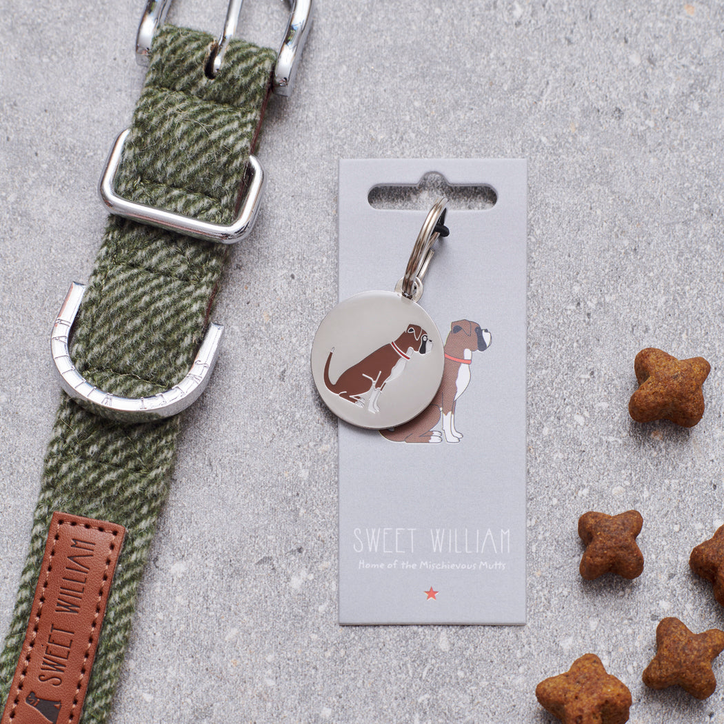 Boxer dog tag on Sweet William Designs card — silver-plated brass personalised dog ID tag, gift for Boxer owners