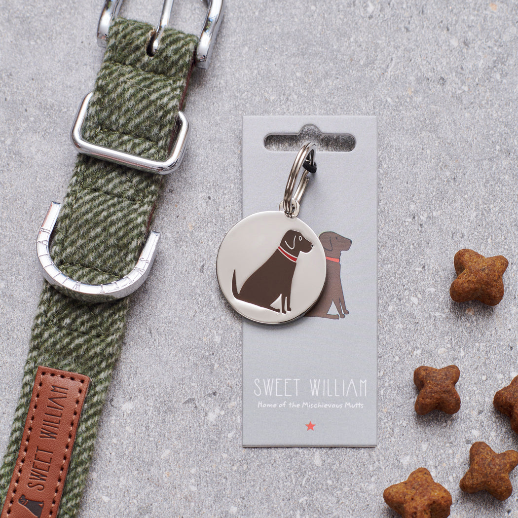 Chocolate Labrador dog tag on Sweet William Designs backing card — silver-plated brass personalised dog ID tag, gift for Chocolate Labrador owners
