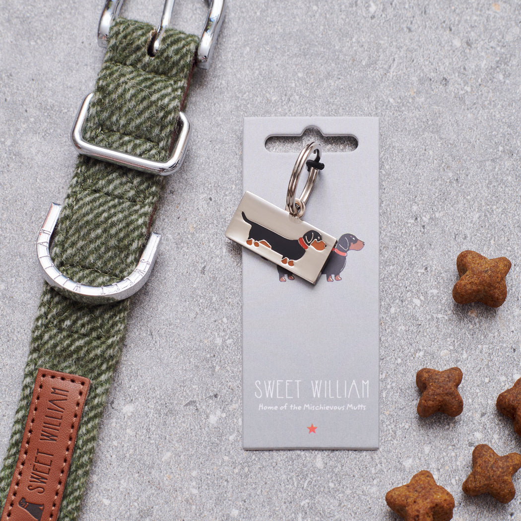 Dachshund / Sausage Dog personalised dog tag on Sweet William Designs backing card — silver-plated brass dog ID tag, thoughtful dog lover gift