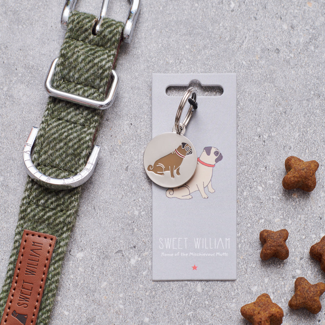Pug dog tag on Sweet William Designs backing card — silver-plated brass with illustrated Pug, dog lover gift