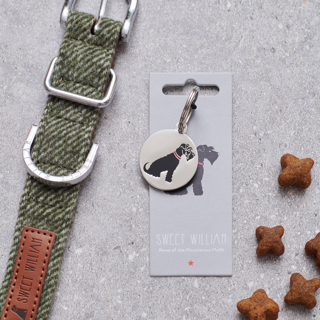 Black Schnauzer personalised dog tag on Sweet William Designs backing card — silver-plated brass with illustrated Schnauzer, dog lover gift
