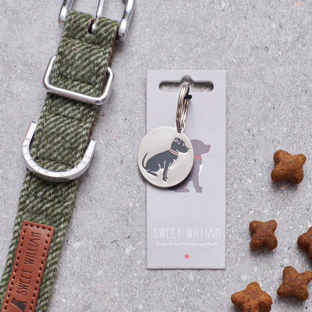 Staffie personalised dog tag on Sweet William Designs backing card — silver-plated brass with illustrated Staffie, dog lover gift