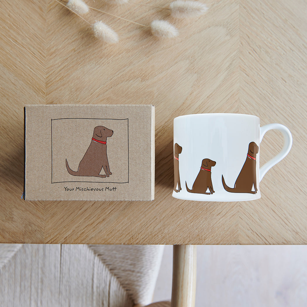 Sweet William Chocolate Labrador Mug with kraft gift box — Choc Lab gift set presentation