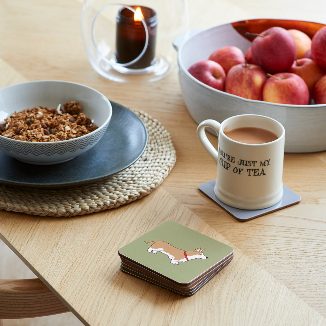 Corgi coaster lifestyle shot — part of the Sweet William Designs Corgi gift range