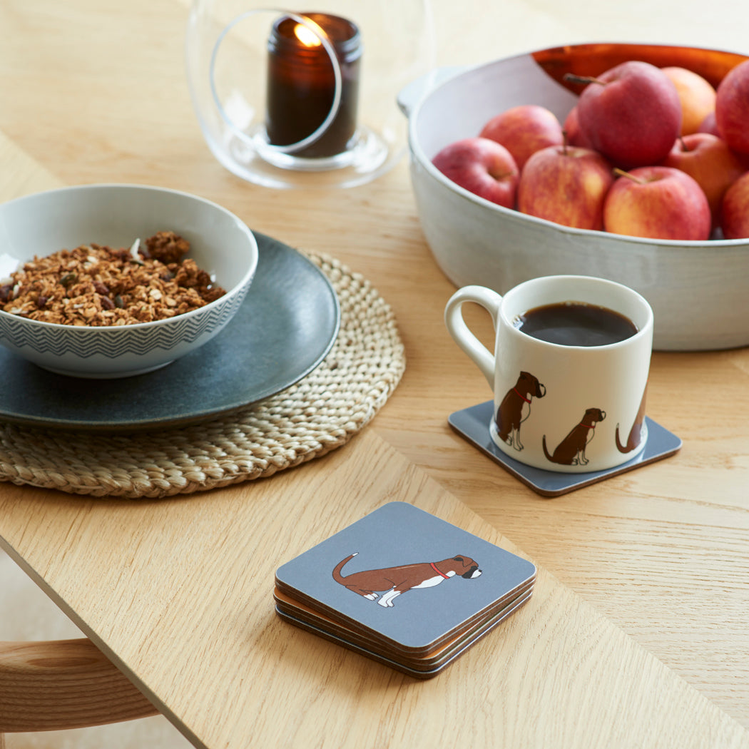 Sweet William Boxer coaster lifestyle shot — matching Boxer mug and coaster gift set
