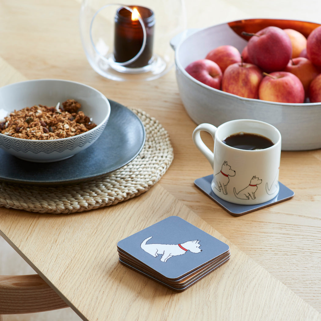 Westie coaster lifestyle shot — matching Westie gift set by Sweet William Designs