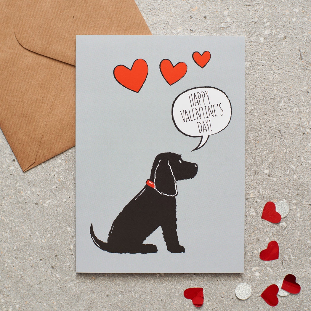 Black Cocker Spaniel Valentine's Day card — illustrated dog lover greeting card by Sweet William Designs