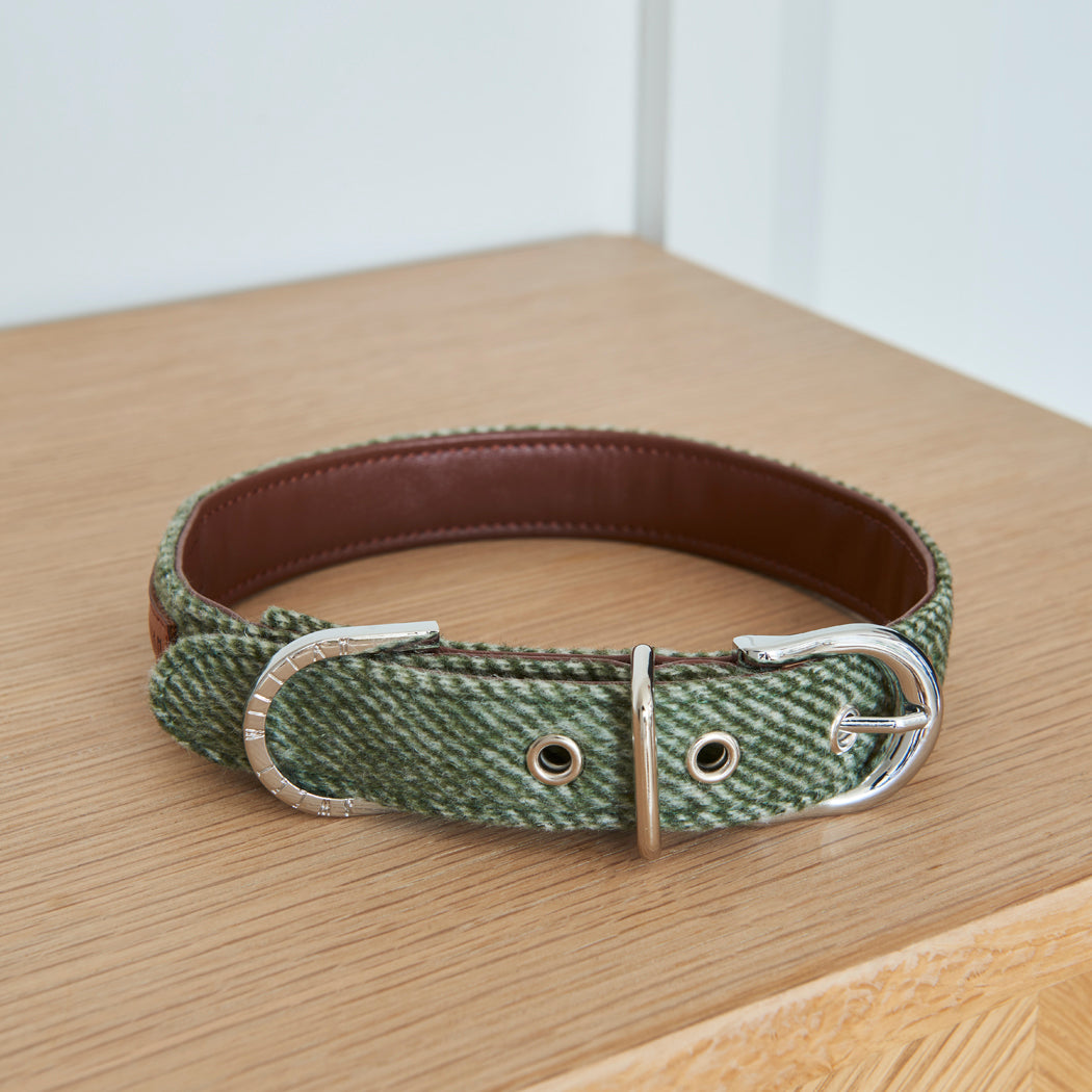 Green tweed dog collar with vegan leather lining