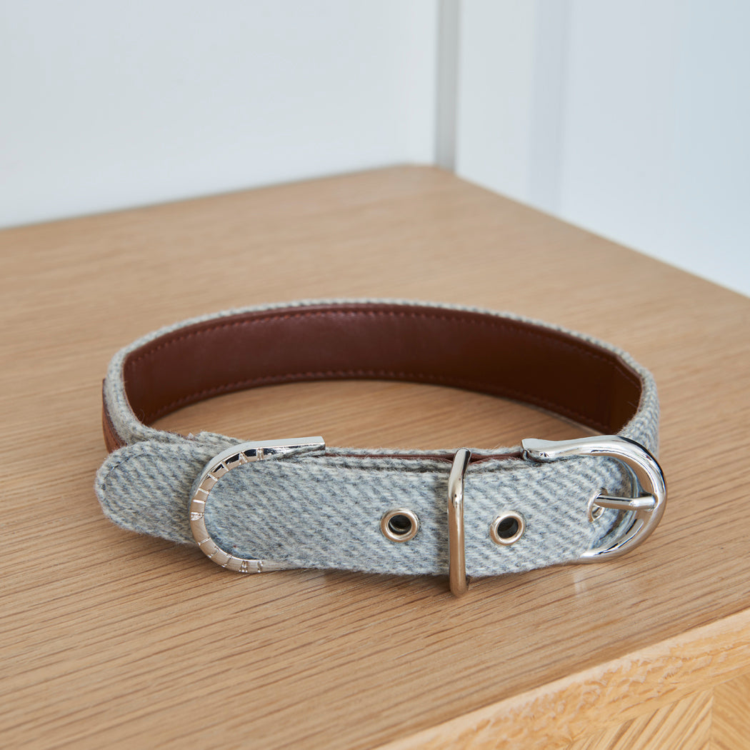 Grey tweed dog collar with vegan leather lining