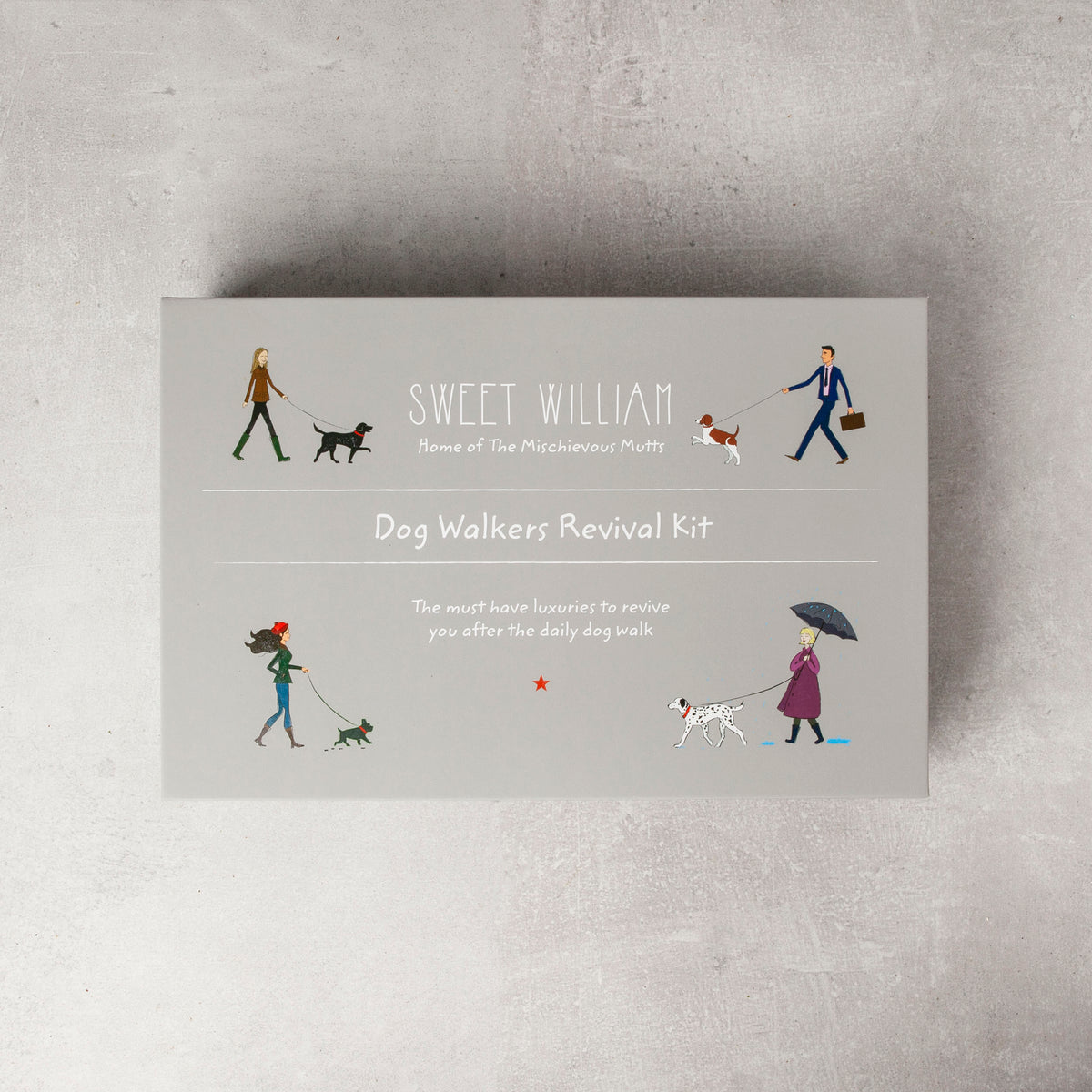 Dog Walkers Revival Kit gift — illustrated Sweet William design with dog walkers, 'the must have luxuries to revive you after the daily dog walk