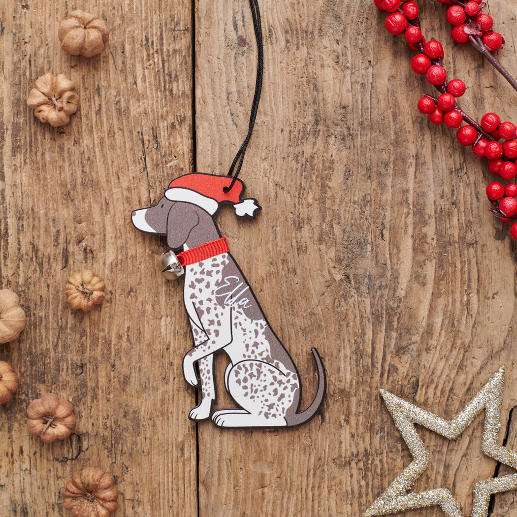 Personalised German Shorthaired Pointer Christmas decoration with name — wooden dog decoration with Father Christmas hat and jingle bell collar, thoughtful dog lover gift by Sweet William Designs