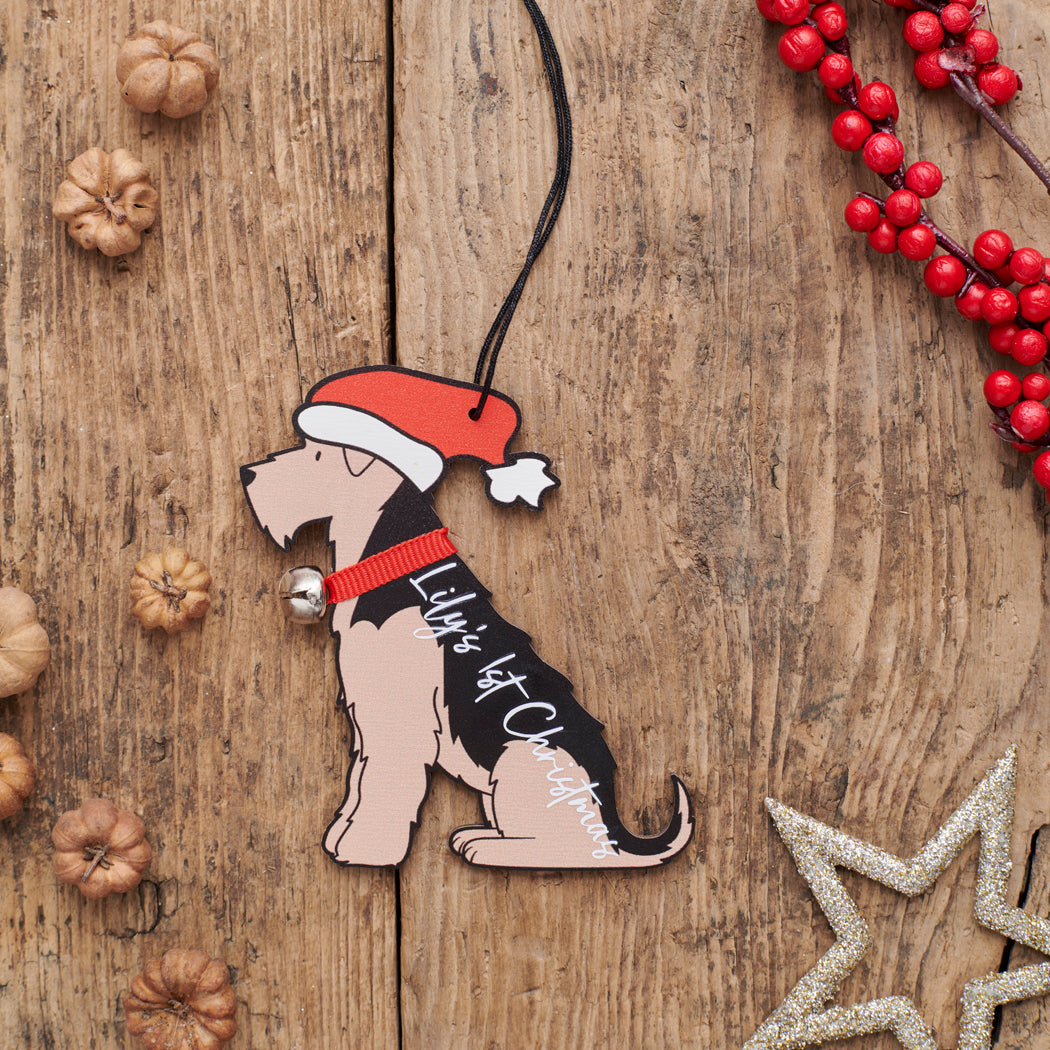 Personalised Airedale / Lakeland / Welsh Terrier Christmas decoration with custom message — wooden dog decoration with Father Christmas hat and jingle bell collar by Sweet William Designs