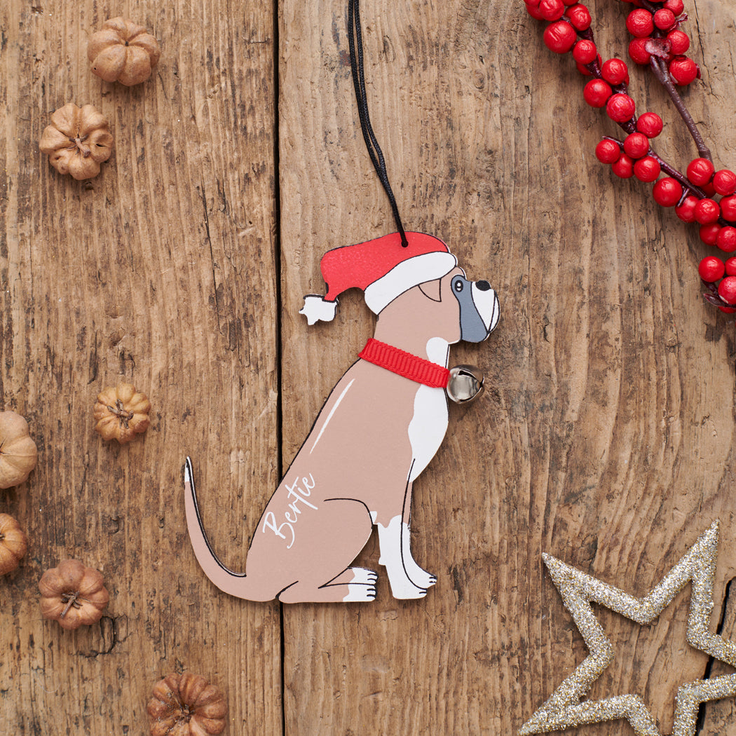 Personalised Boxer Christmas decoration with name — wooden dog decoration with Father Christmas hat and jingle bell collar, thoughtful dog lover gift by Sweet William Designs