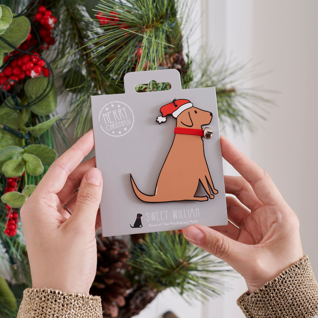 Fox Red Labrador Christmas tree decoration held in hands on backing card — Father Christmas hat and jingle bell collar, dog lover gift by Sweet William Designs
