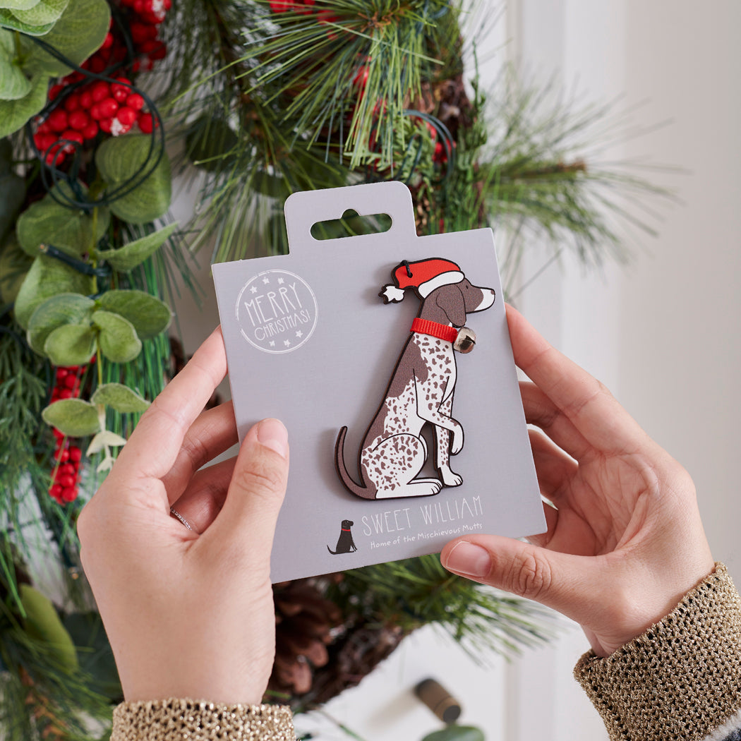 German Shorthaired Pointer Christmas tree decoration held in hands on backing card — Father Christmas hat and jingle bell collar, dog lover gift by Sweet William Designs