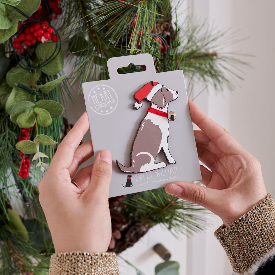 Liver & White Springer Spaniel Christmas tree decoration held in hands on backing card — Father Christmas hat and jingle bell collar, dog lover gift by Sweet William Designs