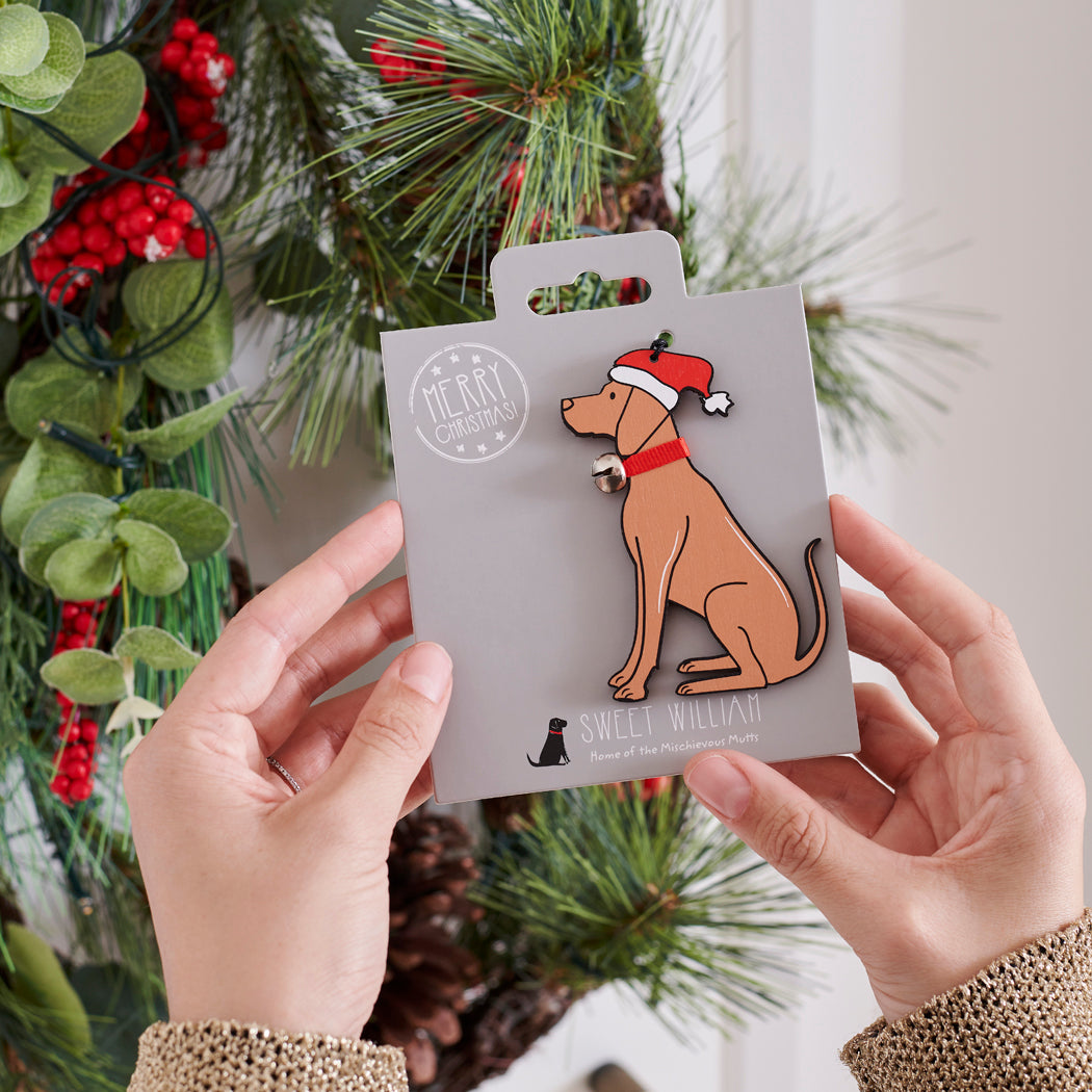 Vizsla Christmas tree decoration held in hands on backing card — Father Christmas hat and jingle bell collar, dog lover gift by Sweet William Designs