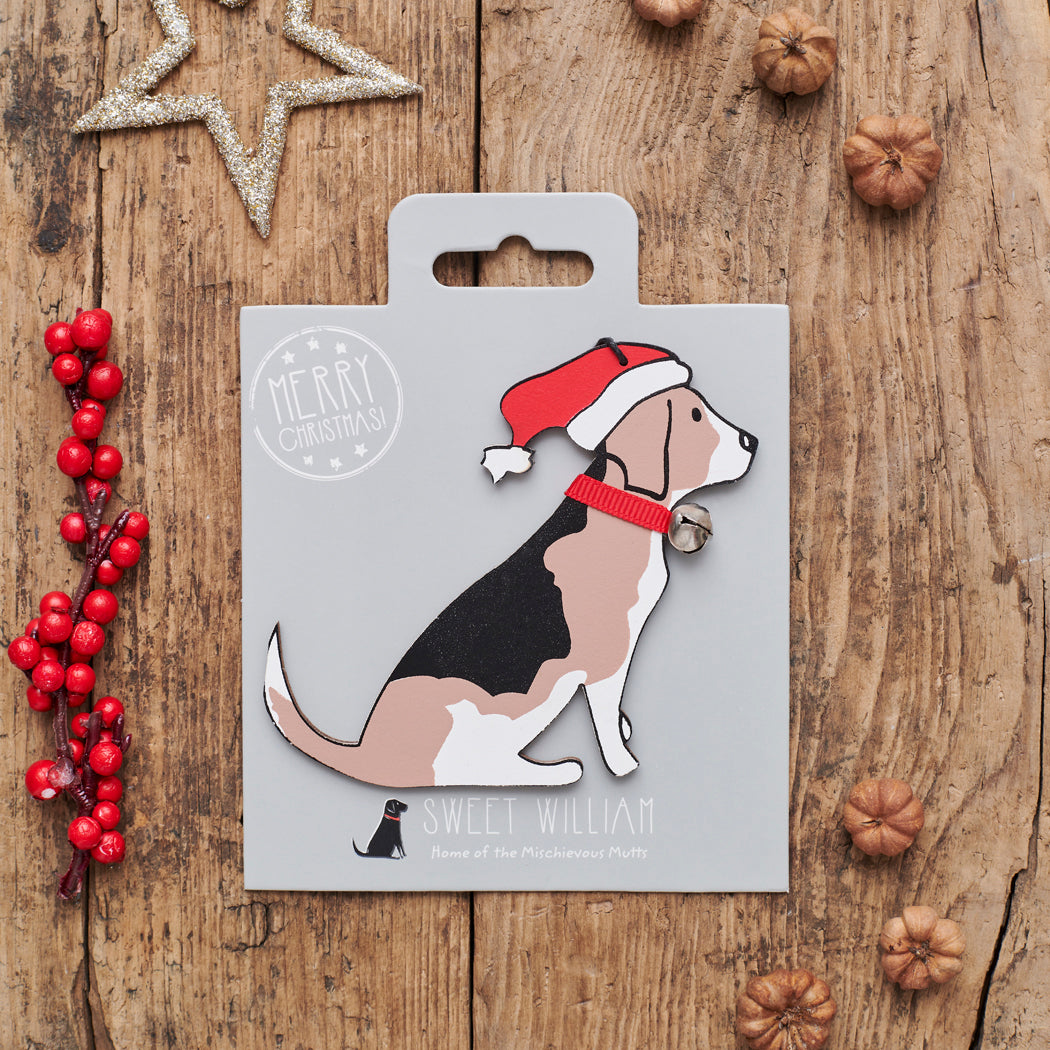 Beagle Christmas decoration on backing card — wooden dog decoration with Father Christmas hat and jingle bell collar, festive dog lover gift by Sweet William Designs