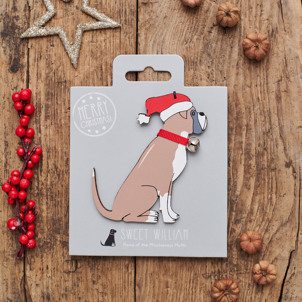 Boxer Christmas decoration on backing card — wooden dog decoration with Father Christmas hat and jingle bell collar, festive dog lover gift by Sweet William Designs