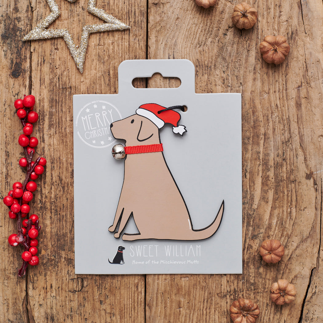Chocolate Labrador Christmas decoration on backing card — wooden dog decoration with Father Christmas hat and jingle bell collar, festive dog lover gift by Sweet William Designs