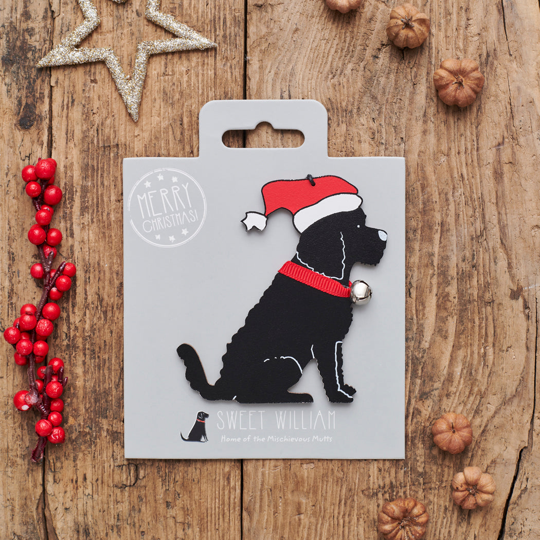 Black Cockapoo / Labradoodle Christmas decoration on backing card — wooden dog decoration with Father Christmas hat and jingle bell collar, festive dog lover gift by Sweet William Designs