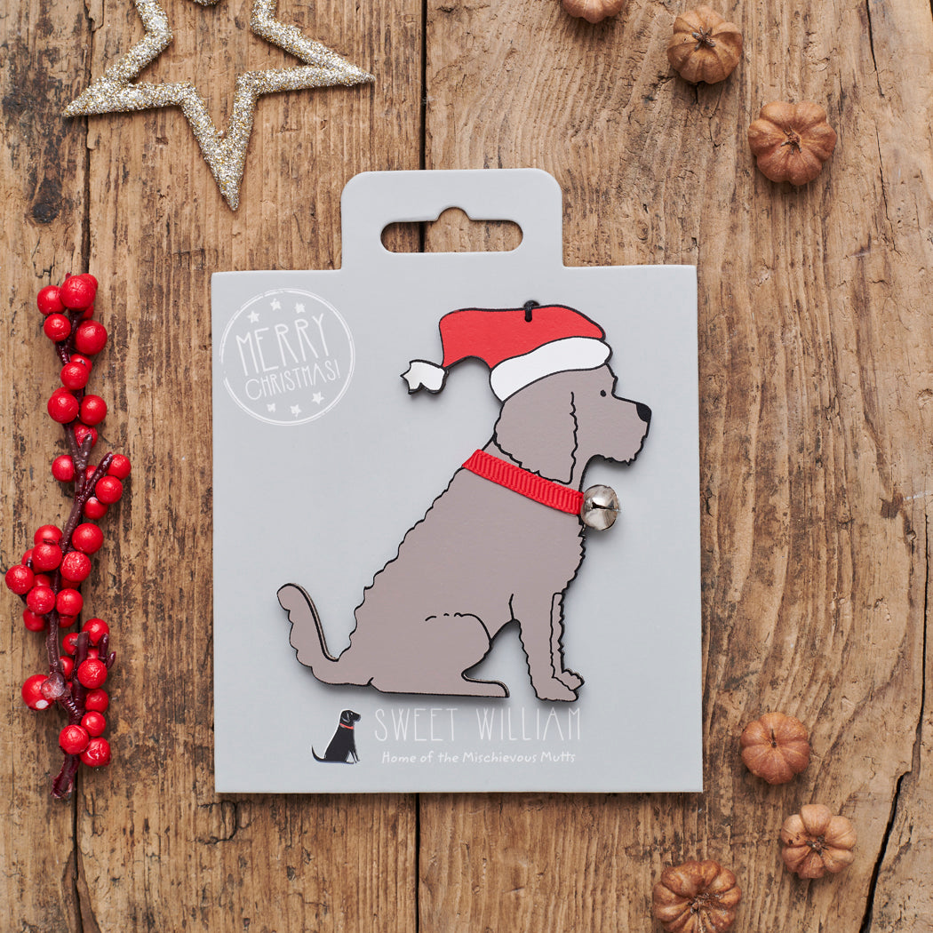Chocolate Cockapoo / Labradoodle Christmas decoration on backing card — wooden dog decoration with Father Christmas hat and jingle bell collar, festive dog lover gift by Sweet William Designs