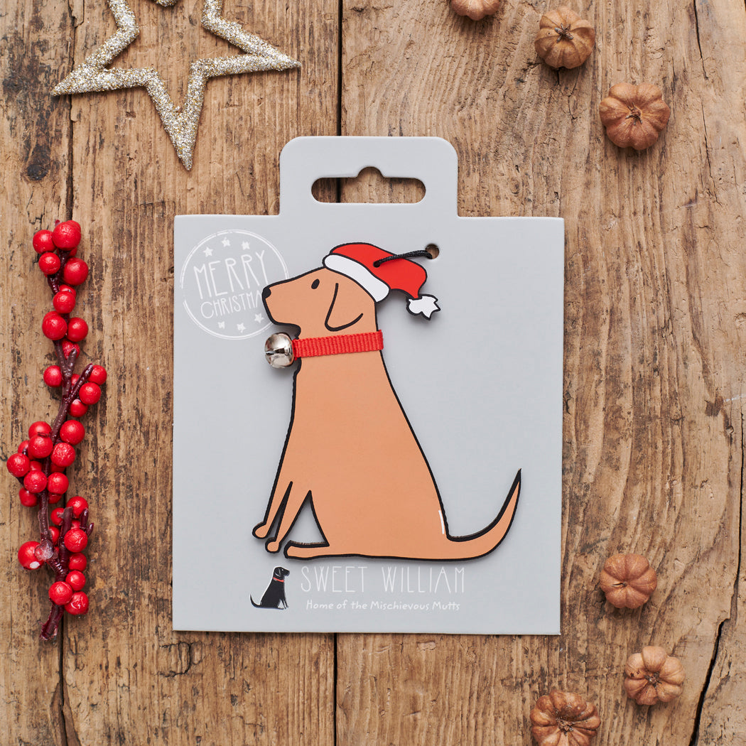 Fox Red Labrador Christmas decoration on backing card — wooden dog decoration with Father Christmas hat and jingle bell collar, festive dog lover gift by Sweet William Designs