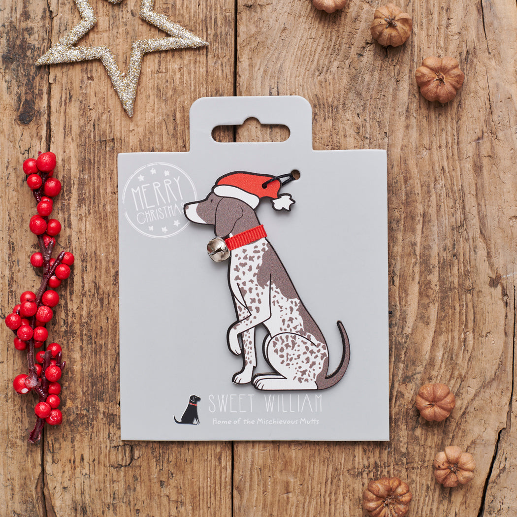 German Shorthaired Pointer Christmas decoration on backing card — wooden dog decoration with Father Christmas hat and jingle bell collar, festive dog lover gift by Sweet William Designs