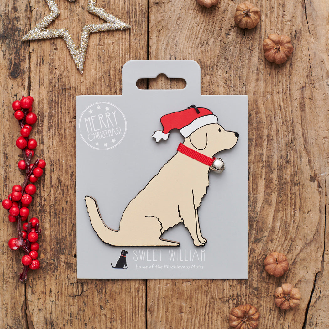 Golden Retriever Christmas decoration on backing card — wooden dog decoration with Father Christmas hat and jingle bell collar, festive dog lover gift by Sweet William Designs