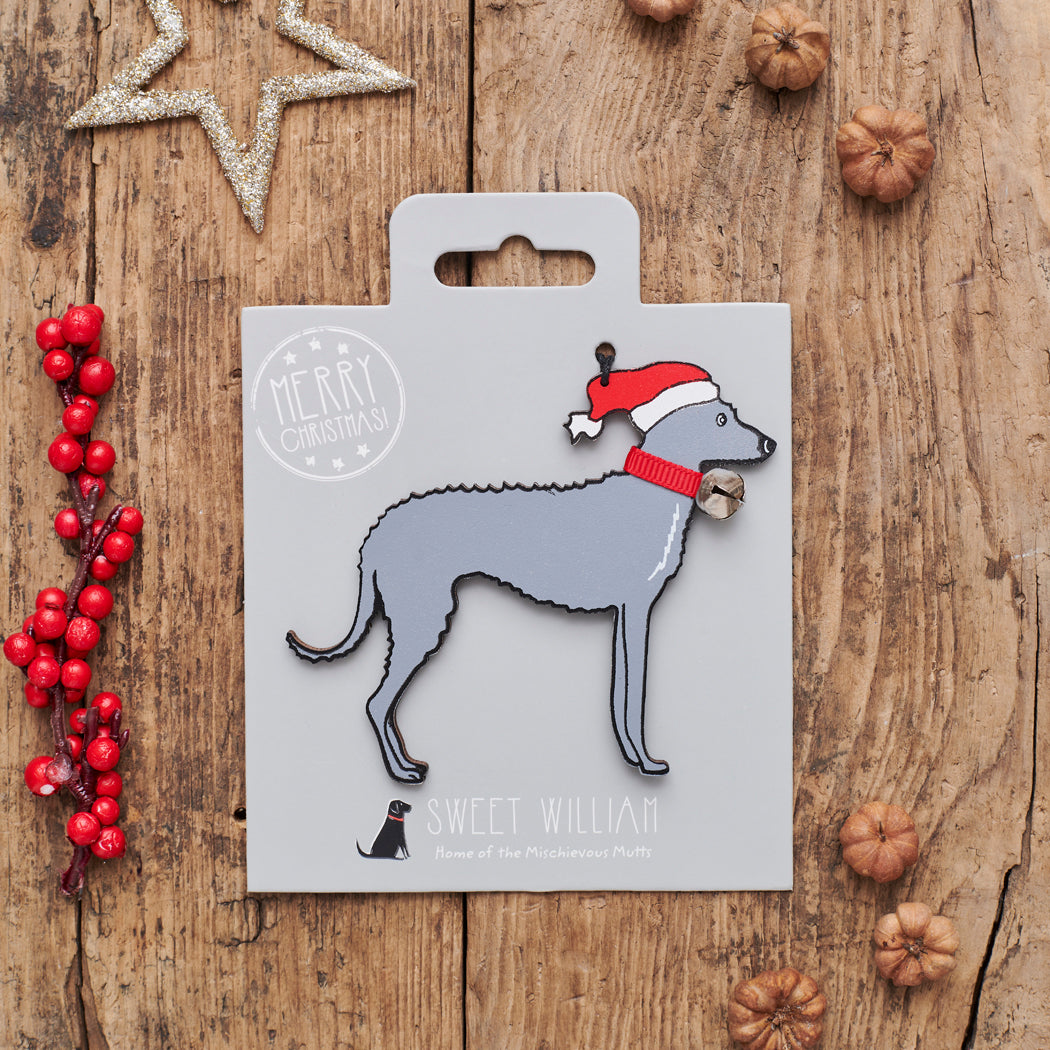 Lurcher Christmas decoration on backing card — wooden dog decoration with Father Christmas hat and jingle bell collar, festive dog lover gift by Sweet William Designs