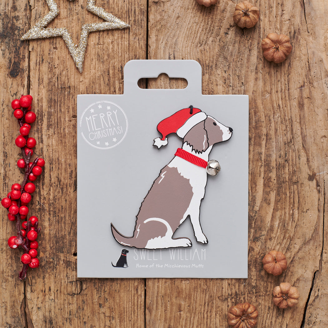 Liver & White Springer Spaniel Christmas decoration on backing card — wooden dog decoration with Father Christmas hat and jingle bell collar, festive dog lover gift by Sweet William Designs
