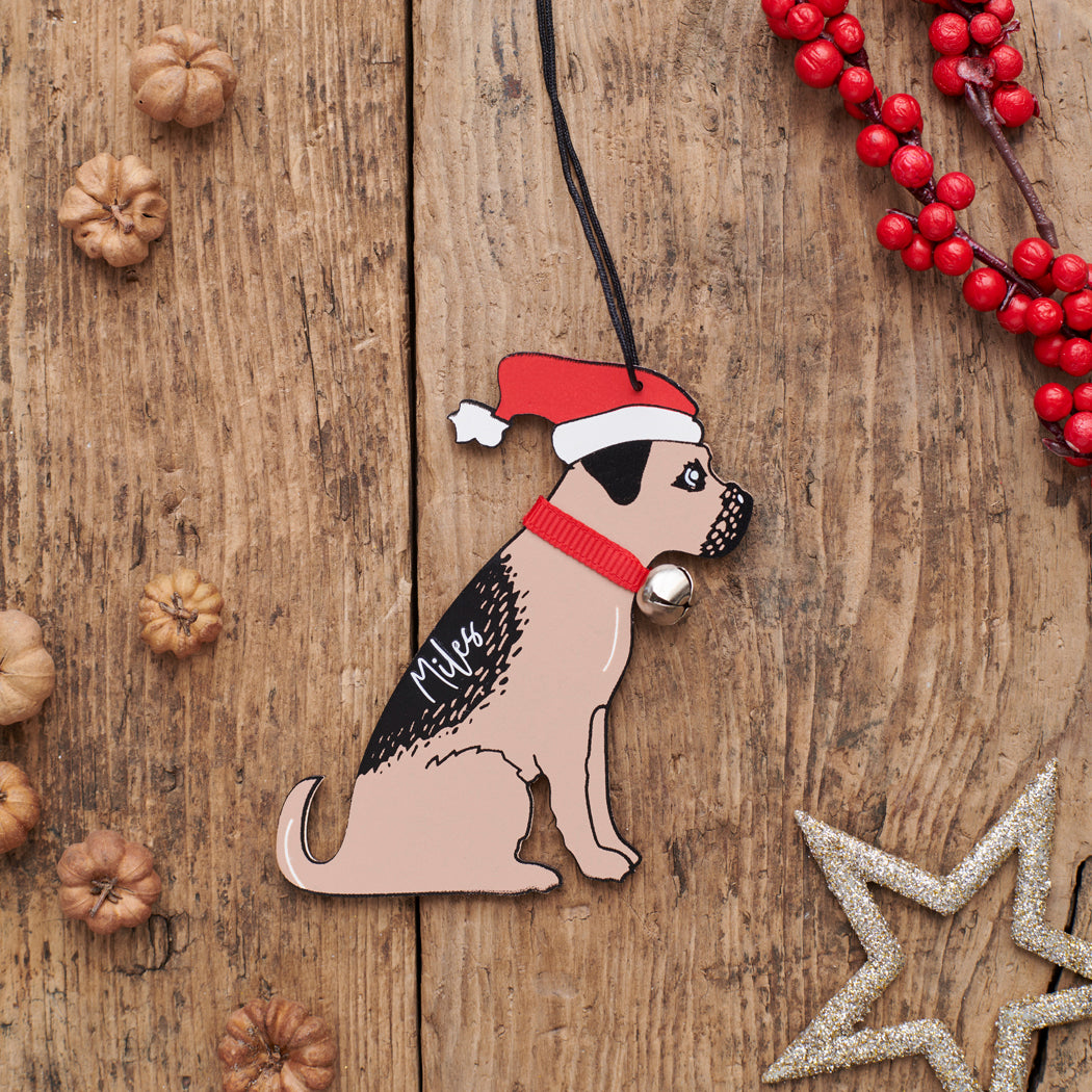 Personalised Border Terrier Christmas decoration with name — wooden dog decoration with Father Christmas hat and jingle bell collar, thoughtful dog lover gift by Sweet William Designs