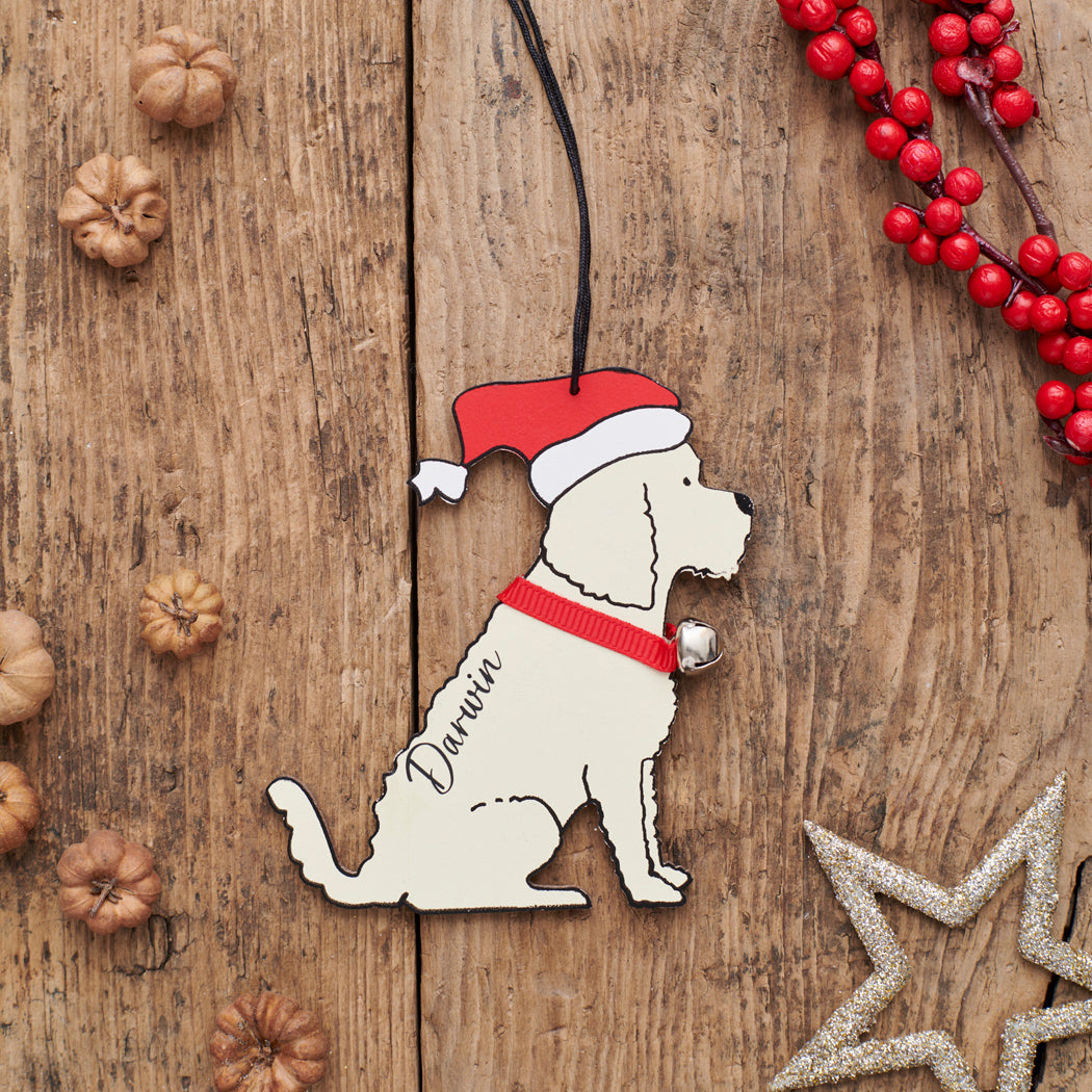 Personalised Apricot Cockapoo / Labradoodle Christmas decoration with name — wooden dog decoration with Father Christmas hat and jingle bell collar, thoughtful dog lover gift by Sweet William Designs