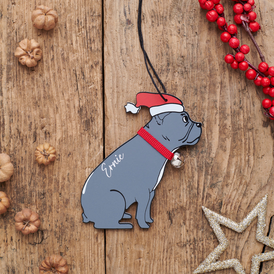 Personalised French Bulldog Christmas decoration with name — wooden dog decoration with Father Christmas hat and jingle bell collar, thoughtful dog lover gift by Sweet William Designs