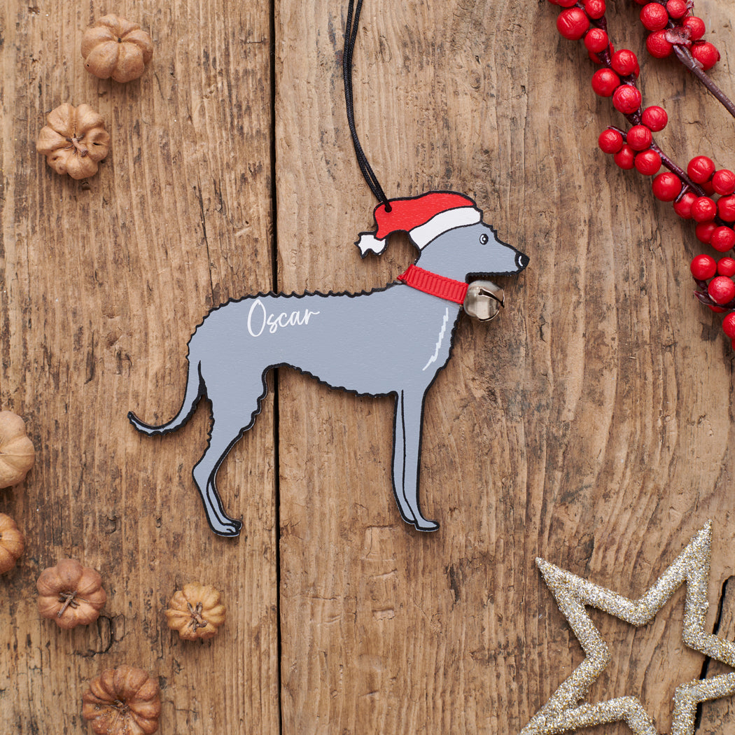 Personalised Lurcher Christmas decoration with name — wooden dog decoration with Father Christmas hat and jingle bell collar, thoughtful dog lover gift by Sweet William Designs