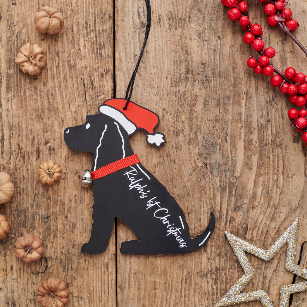 Personalised Black Cocker Spaniel Christmas decoration with custom message — wooden dog decoration with Father Christmas hat and jingle bell collar by Sweet William Designs
