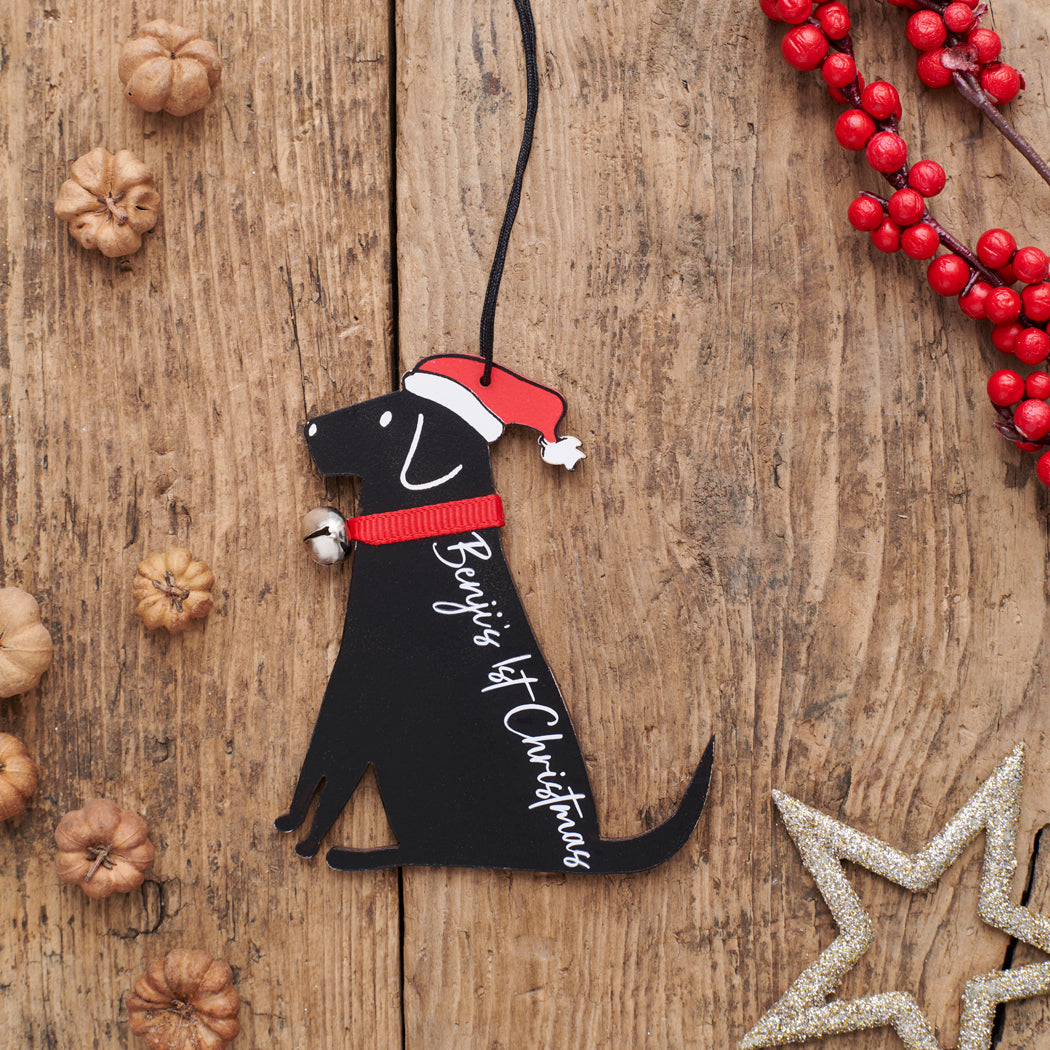 Personalised Black Labrador Christmas decoration with custom message — wooden dog decoration with Father Christmas hat and jingle bell collar by Sweet William Designs